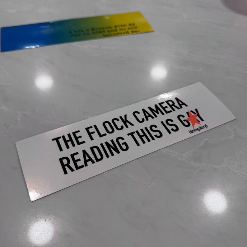 May include: A rectangular white sticker featuring black text that reads THE FLOCK CAMERA READING THIS IS GAY with a small red star icon replacing the letter A in GAY and the word derogatory in parentheses below it. A second blurred sticker is visible.