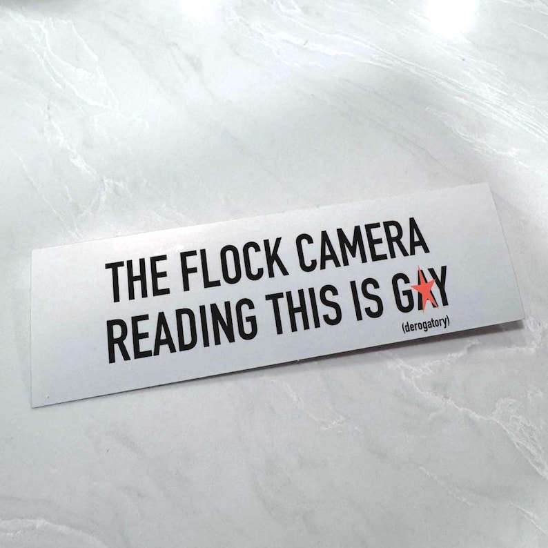 May include: A rectangular white bumper sticker with black text that reads THE FLOCK CAMERA READING THIS IS GAY with a red star replacing the letter A in GAY and the word (derogatory) printed in smaller black text underneath the star.