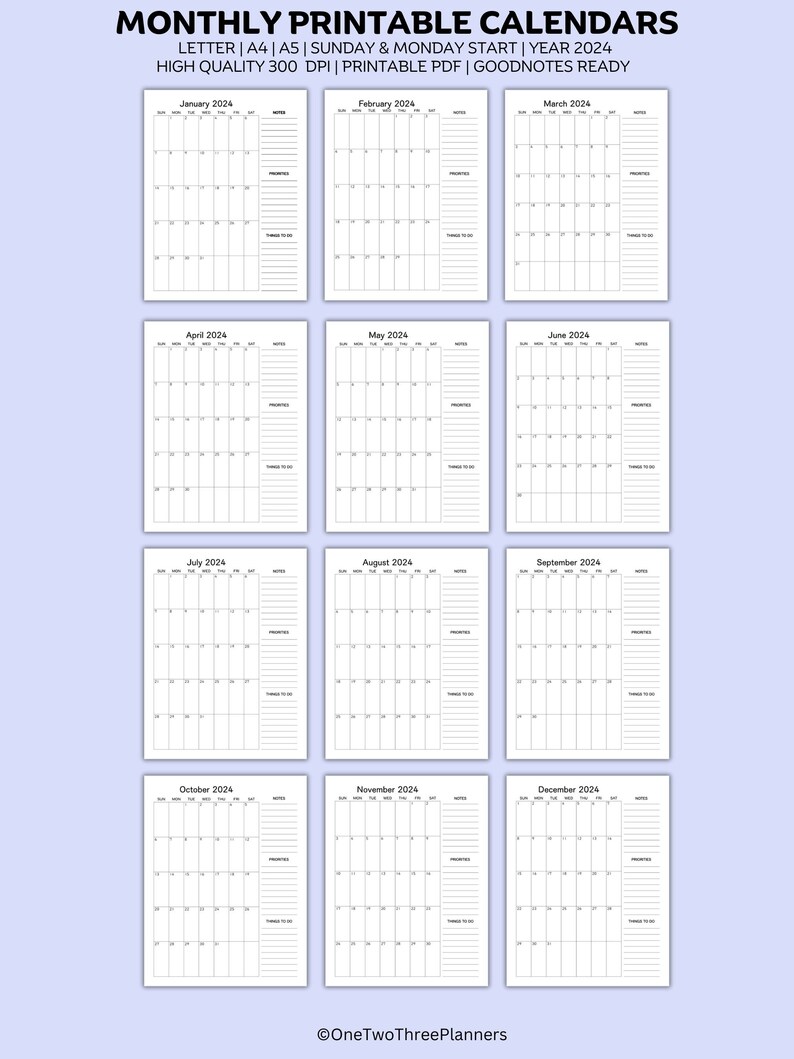 2024 Minimalist Printable Calendar 12-month Planner Sun &amp; Mon Start A4 ...