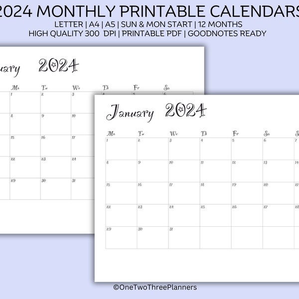 2024 Minimalist Printable Calendar 12-Month Planner, Sun & Mon Start A4/A5/Letter Sizes, Landscape Layout PDF Download, Goodnotes Compatible
