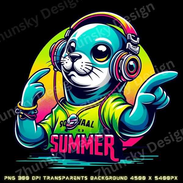 Retro Neon Seal DJ Summer Festival Music T-Shirt for Beach Parties, Digital Download, commercial use, sublimation Design