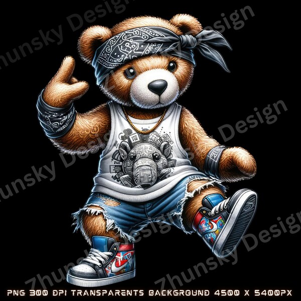 B-Boy Bear Tee - Breakdance Teddy with Bandana, Hip-Hop Streetwear Shirt,Digital Download, commercial use, sublimation Design