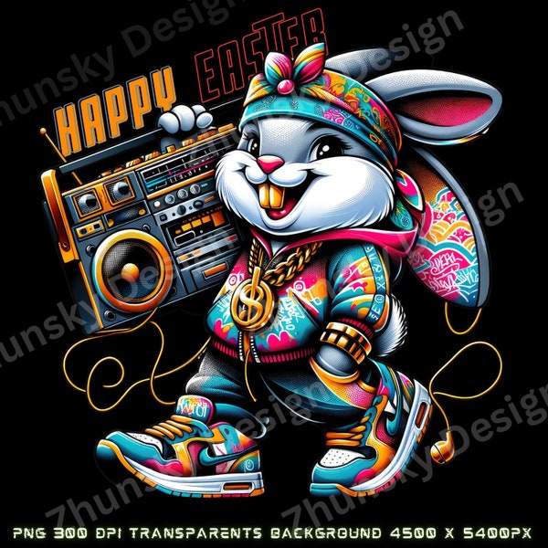 Hip-Hop Easter Bunny Tee - Funky Rabbit with Boombox, Street Style Holiday Shirt,Digital Download, commercial use, sublimation Design