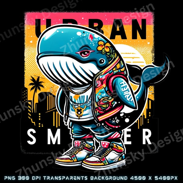Urban Summer Whale T-Shirt - Stylish Streetwear Orca with Graffiti Art, Digital Download, commercial use, sublimation Design