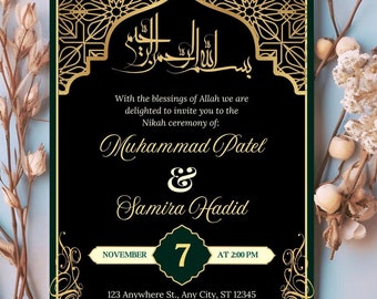 Bearbeitbare muslimische Hochzeitseinladung - Anpassbare digitale Vorlage, Blumenmuster, druckbar, Sofort-Download, elegant & modern