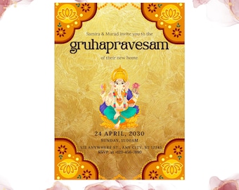 Editable Gruhapravesam Invite - Indian Housewarming Invitation Template, Custom DIY Card for Celebrations