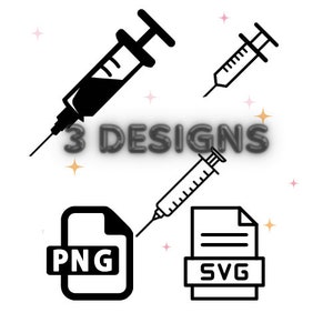 Puede incluir: Tres diseños de jeringas en blanco y negro en formatos de archivo PNG y SVG. El texto "3 DESIGNS" está en el centro de la imagen.