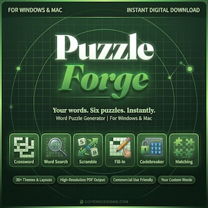 以下が含まれることがあります： 「Puzzle Forge」ワードパズルジェネレーターのデジタルグラフィック。緑色の背景には、白と緑のタイトル、クロスワード、ワードサーチ、スクランブル、フィルイン、コードブレーカー、マッチングパズルのアイコンが表示されています。「あなたの言葉。6つのパズル。すぐに。」というテキストが含まれています。