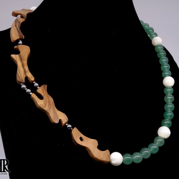 Liana - Magnifique collier en bois d'Olivier centenaire et pierres précieuses naturelles. Nacre, Aventurine et Hematite