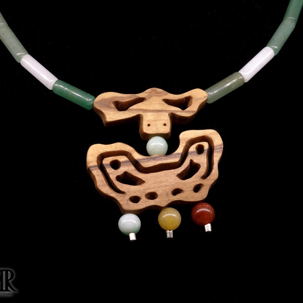 Inca - Collier en bois d'Olivier centenaire et pierres précieuses naturelles. Jade et Aventurine