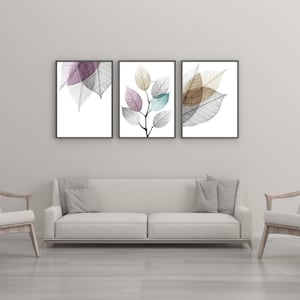 Botanical Art Set of 3 Prints,  Pastel Gray Botanical Wall Decor, Minimal Leaves Printable Art  (+ Free gift -30day gratitude journal)