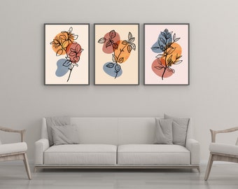 CAYBES Set di 3 Quadri su Tela Con Fiori Astratti in Bianco e Nero, Dipinti Moderni e Minimalisti, Poster e Stampa di Immagini Murali Per Soggiorno, Decorazioni Per La Casa-40x50cm (Senza Cornice