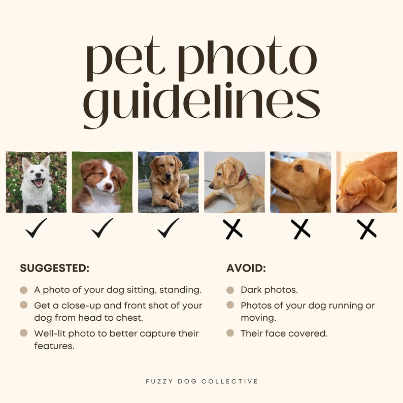 May include: A guide for taking good photos of dogs.  The guide shows examples of good photos and bad photos.  The good photos show dogs sitting or standing, with a close-up shot of the dog's head and chest.  The bad photos show dogs running, with their faces covered, or in dark lighting.  The text reads "pet photo guidelines".