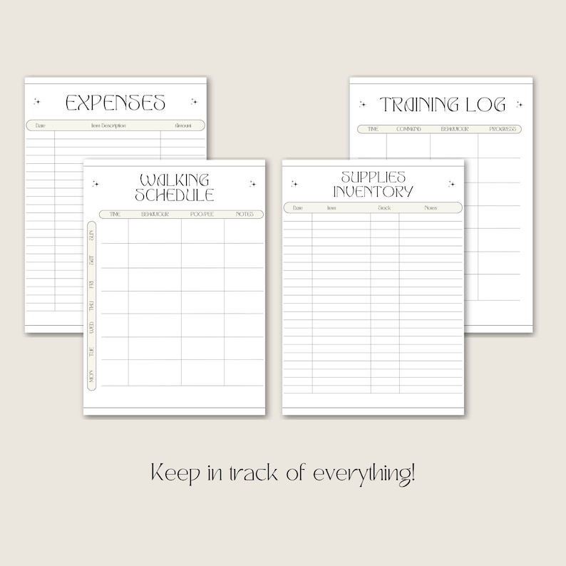 May include: Four printable pages with black text on a white background. The pages are titled "Expenses", "Walking Schedule", "Supplies Inventory", and "Training Log". Each page has a grid of rows and columns for writing.