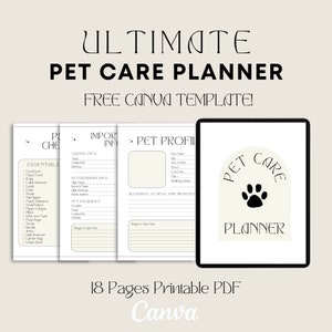 Può includere: Un modello di pianificatore per la cura degli animali domestici stampabile con un logo di impronta di zampa nera. Il modello include sezioni per i materiali essenziali, le informazioni del proprietario, le informazioni del veterinario, il profilo dell'animale domestico, le allergie, le malattie e i farmaci. Il testo "ULTIMATE PET CARE PLANNER FREE CANVA TEMPLATE!" è nella parte superiore dell'immagine. Il testo "18 Pages Printable PDF Canva" è nella parte inferiore dell'immagine.