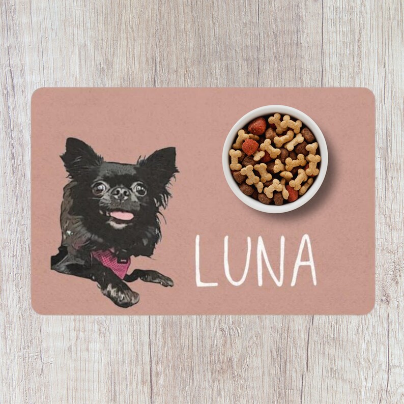 Pode incluir: Um tapete rosa para comida de cachorro com um chihuahua preto e o nome "LUNA" impresso em branco. Uma tigela branca cheia de comida para cachorro est&aacute; no tapete.