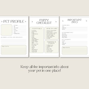 May include: A printable checklist for new puppy owners. The checklist is divided into three sections: Pet Profile, Puppy Checklist, and Important Info. The Pet Profile section includes fields for the pet's name, breed, age, coat color, identifying marks, allergies, illnesses, and medications. The Puppy Checklist section includes a list of essential items for new puppy owners, such as food bowls, puppy food, leashes, collars, harnesses, grooming supplies, and training aids. The Important Info section includes fields for the owner's contact information, veterinarian information, and pet insurance information.