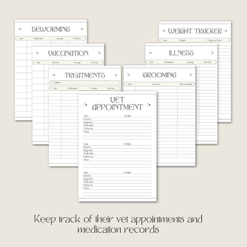 May include: Printable black and white pet log sheets with headings for Deworming, Vaccination, Treatments, Vet Appointment, Weight Tracker, Illness, and Grooming. The text "Keep track of their vet appointments and medication records" is at the bottom of the page.
