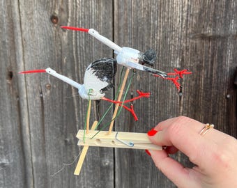 Handmade Stork Figurine | Hazelnut Shell & Wood Clothespin Toy