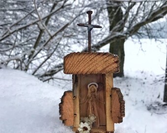 Our Lady,  Mother of God in shrine from old 150 years old wood | first communion gift, baptism gift, personal altar