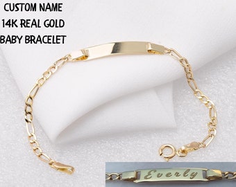 Bracelet d'identification de bébé en or véritable 14 carats, bracelet personnalisé pour bébé fille garçon, nom de bébé personnalisé à graver, bracelet nom de bébé, bracelet d'identification d'enfant personnalisé