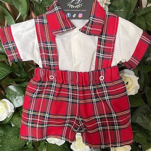 Baby Boy Tartan Christmas Outfit - Spanish Baby Red Check Dungarees and Shirt