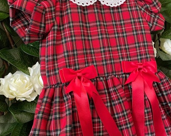 spanish style christmas dresses Baby Girl Tartan Dress: Red Ribbon Bow, Baby Wear Completely hand embroidered with