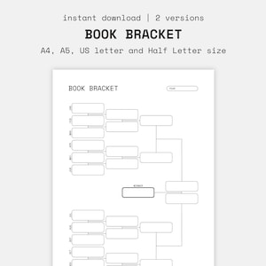 Puede incluir: Una plantilla de bracket de libro imprimible en blanco y negro con el texto "BOOK BRACKET" y "YEAR" en la parte superior. El bracket está diseñado para un torneo con 32 participantes.
