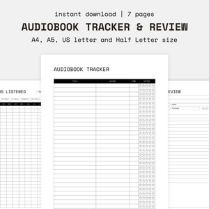 Könnte beinhalten: Druckbarer Audiobook-Tracker und Rezensionsprotokoll mit Abschnitten für Titel, Autor, Zeit, Bewertung und Notizen. Der Tracker ist für die Verwendung mit Papier im Format A4, A5, US-Brief und Halbbrief konzipiert.