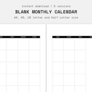 Blank 2 Page Monthly Calendar Printable, Calendar Template, Monday and ...