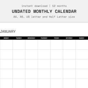 Undated Monthly Calendar Printable, Landscape Calendar, Monday and Sunday Start, A4, A5, US Letter, Half Letter, Instant Download, PDF