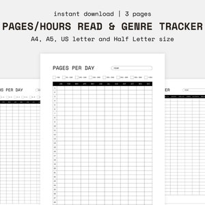 Plantilla de seguimiento de lectura de libros imprimible, registro de lectura de páginas/horas, seguimiento de género, A4, A5, carta de EE. UU., media carta, descarga instantánea, PDF