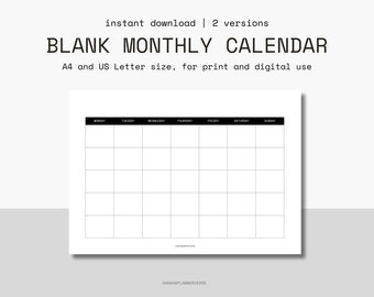 Blank Monthly Calendar Printable Landscape, Monthly Planner Template, Monday/Sunday Start, A4, US Letter, Instant Download, PDF