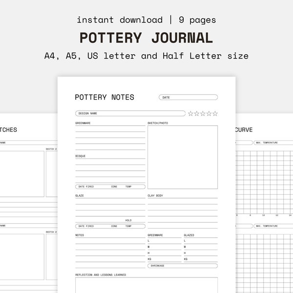 Pottery Journal Printable, Pottery Planner, Ceramics Journal, Kiln Log Template, A4, A5, US Letter, Half Letter, Instant Download, PDF