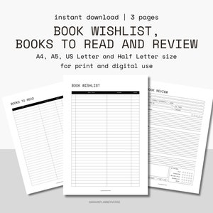 Lista de deseos de libros/Libros para leer/Paquete de plantillas de revisión de libros, Rastreador de libros, Registro de libros, A4, A5, Carta de EE. UU., Media carta, Descarga instantánea, PDF