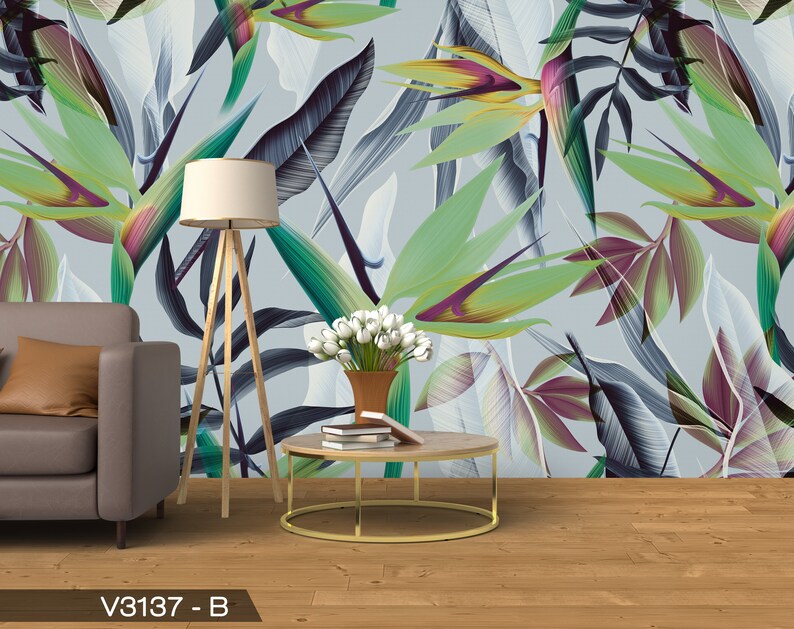 Botanical Leaves Wall Mural Wallpaper Peel and Stick Etsy