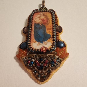 Madonna and Child Pendant, Bead Embroidery, OOAK, Domino, Nostalgia Pendant