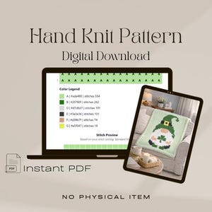 Könnte beinhalten: Digitaler Download eines handgestrickten Musters. Das Bild zeigt einen Laptop und ein Tablet, die das Muster anzeigen. Das Tablet zeigt ein grün-weißes Zwergen-Design. Der Laptop zeigt eine Farblegende und eine Stichvorschau. Der Text sagt "Instant PDF" und "No Physical Item."