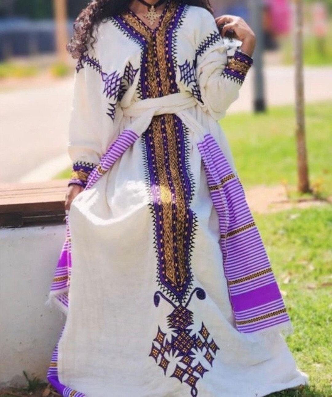 Gonder Fetal Purple Handwoven Ethiopian Dress – Traditional Habesha Style for Weddings and Events