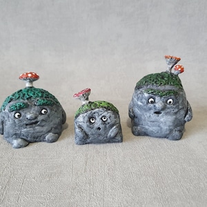 Set of 3 Fantasy Mossy Rock Trolls Figurines, Forest Creatures Pals Handmade Clay Sculpture OOAK Collectible Home Decor Cool Desk Buddy Gift