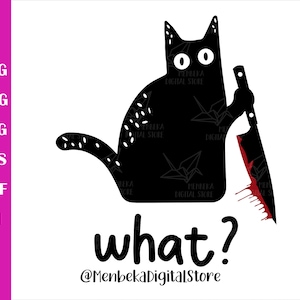 May include: Black cat silhouette holding a bloody knife with the text "what?" and the social media handle "@MenbekaDigitalStore" below.