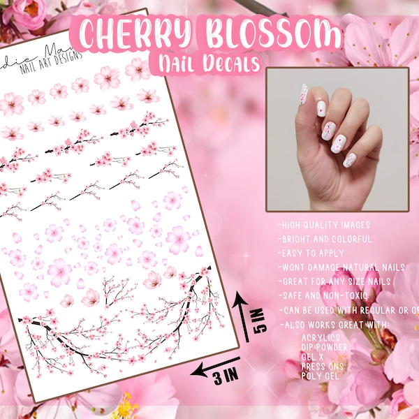 Cherry Blossom Nail Decals-Waterslide Decals-Nail Art-Nail Wraps-Cute Nails-Custom Nail Decals-Fast Shipping