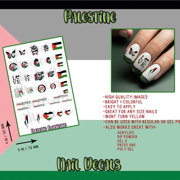 Décalcomanies à ongles Palestine - 100 % des PROCEEDS reversés - Montrez votre soutien - Stop War - Décalcomanies à ongles à toboggan aquatique