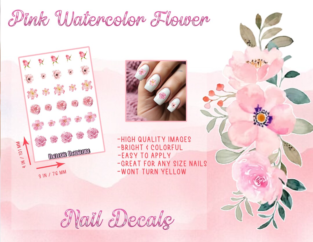 Pink Watercolor Flower Nail Decals-waterslide Decals-nail Art-nail Wraps-cute Nails-custom Nail ...