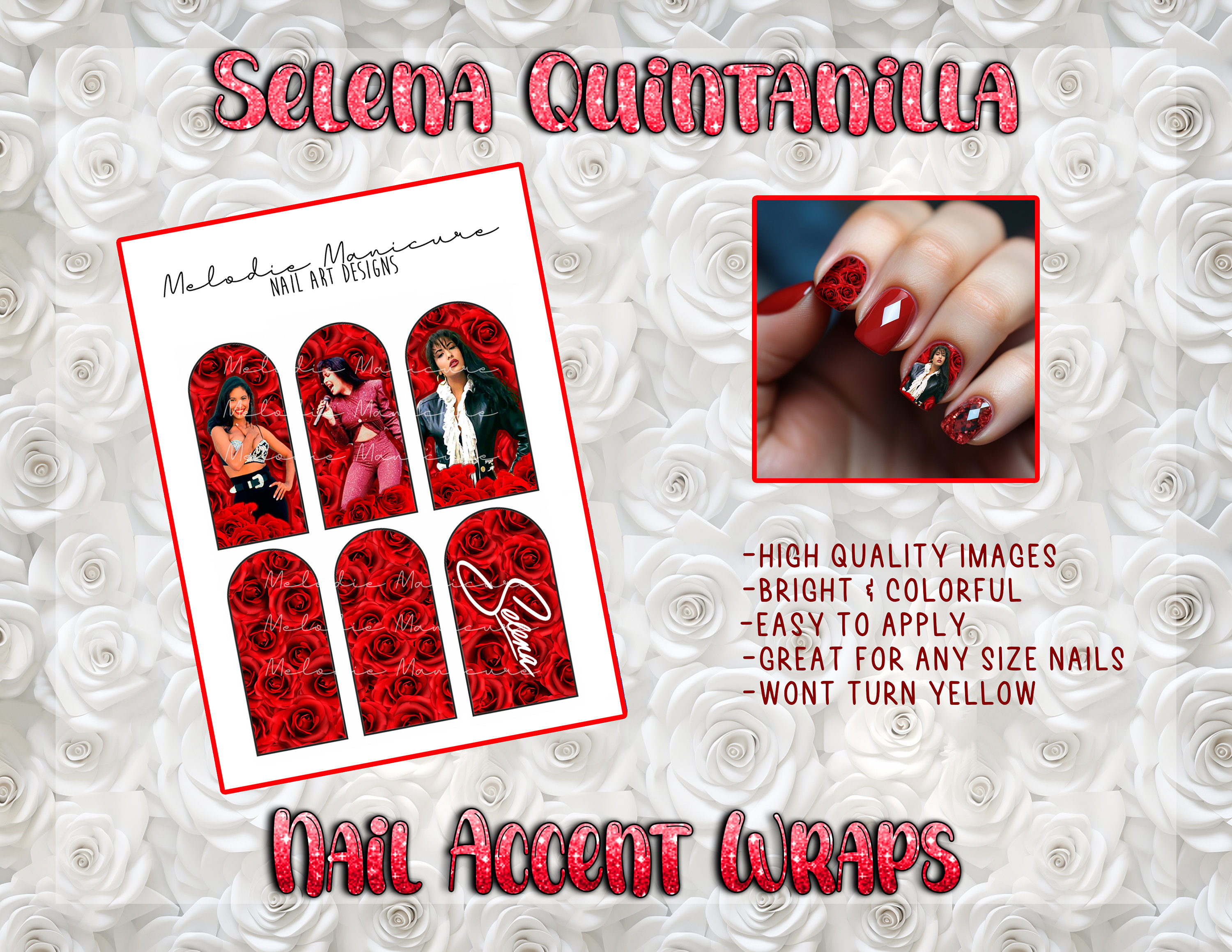 Selena Quintanilla Red & Silver Gems Bralette Inspired Press on Nails 