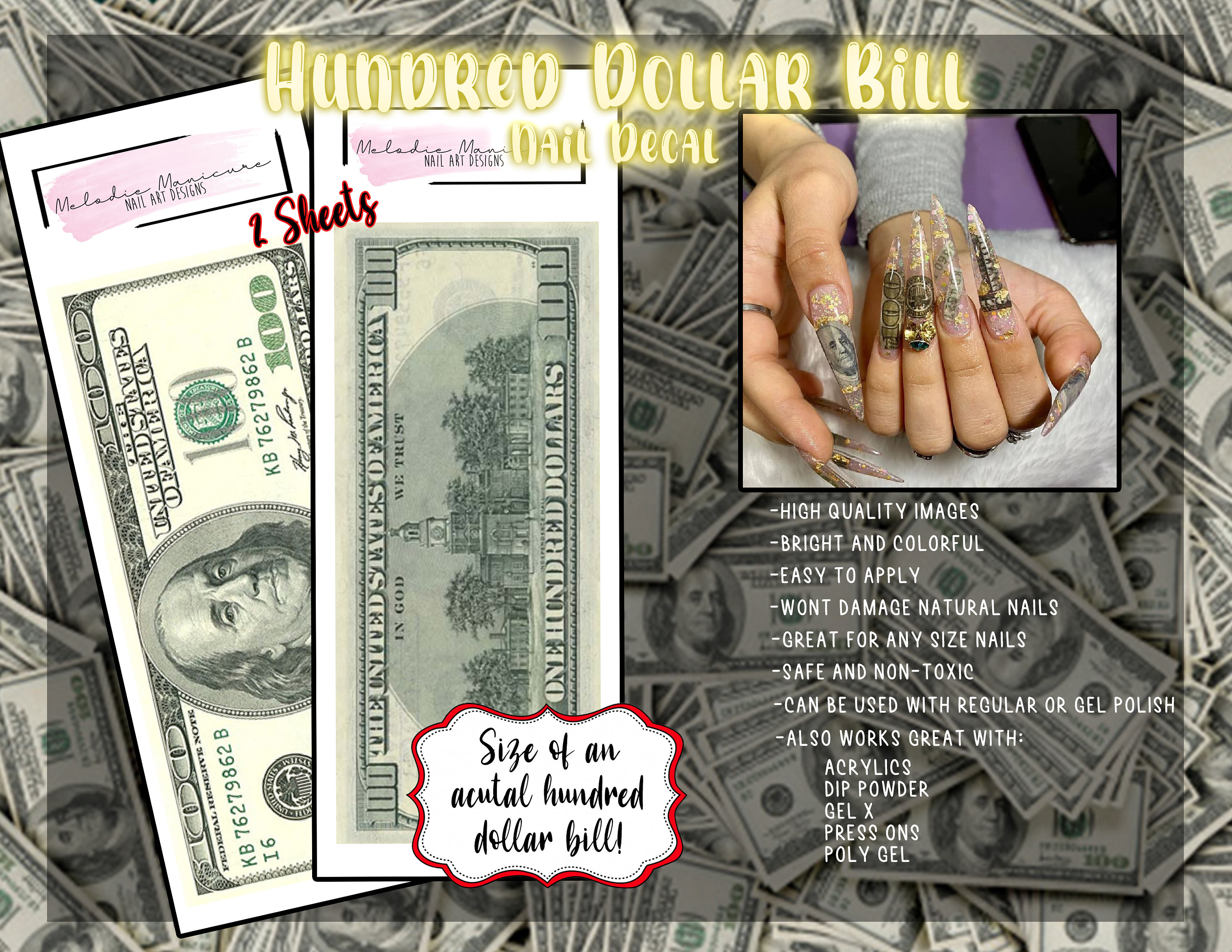 4 Sheets Nail Art Decals of 100 Dollar Sign Bill Nail Accessories Paper Money Design Treasure Currency Nail Stickers Tip