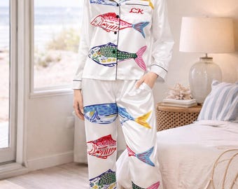 Farbenfroher Fisch Muster Satin Pyjama | Sardine personalisierte Nachtwäsche