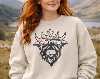 Sudadera con estampado de vaca de las Tierras Altas / Sudadera con cuello redondo y estampado de vaca escocesa coronada / Camisa estilo granja