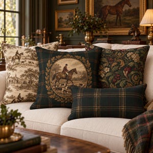May include: A collection of four decorative throw pillows on a sofa. One features a cream and brown equestrian toile print, another a dark green plaid with a central horse and rider medallion, a floral tapestry pillow, and a rectangular plaid pillow.