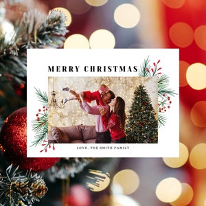 Minimalistische krans familie paar digitale afdrukbare aanpasbare kerstkaart vakantie Nieuwjaar chic, eenvoudig, Maretak Garland bladeren foto